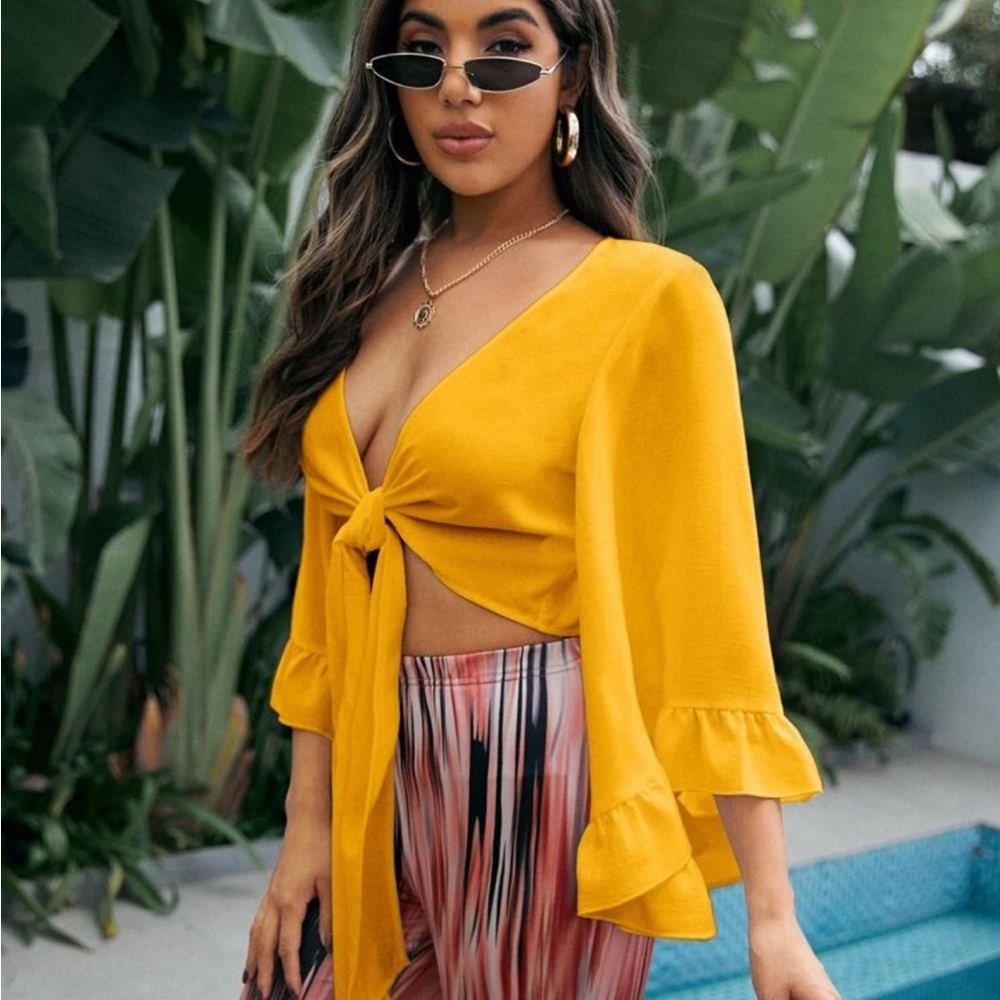 Yellow Ruffle Sleeve Tie-Front Top